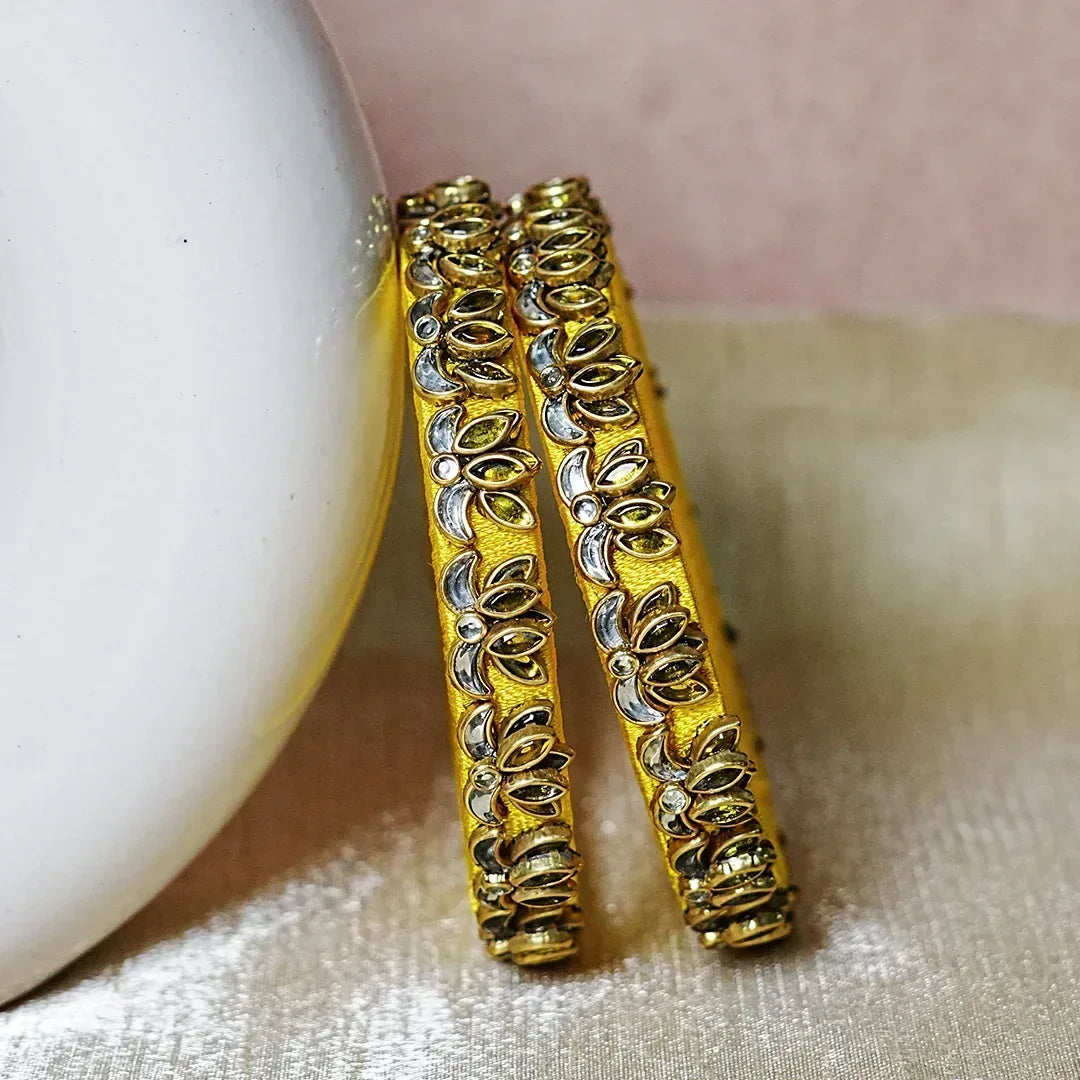 Handcrafted Silk Thread Kada Bangles with Lotus Motif for Women & Girls (Pack of 2) - The Golden Cascade